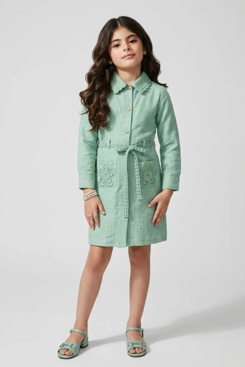 Sea Green Embroidered Belted Shirt Dress