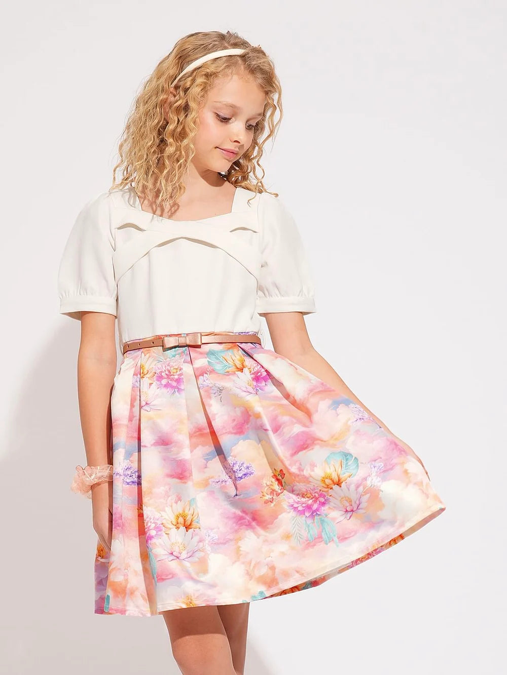 GIRLS WHITE PRINTED FIT & FLARE DRESS