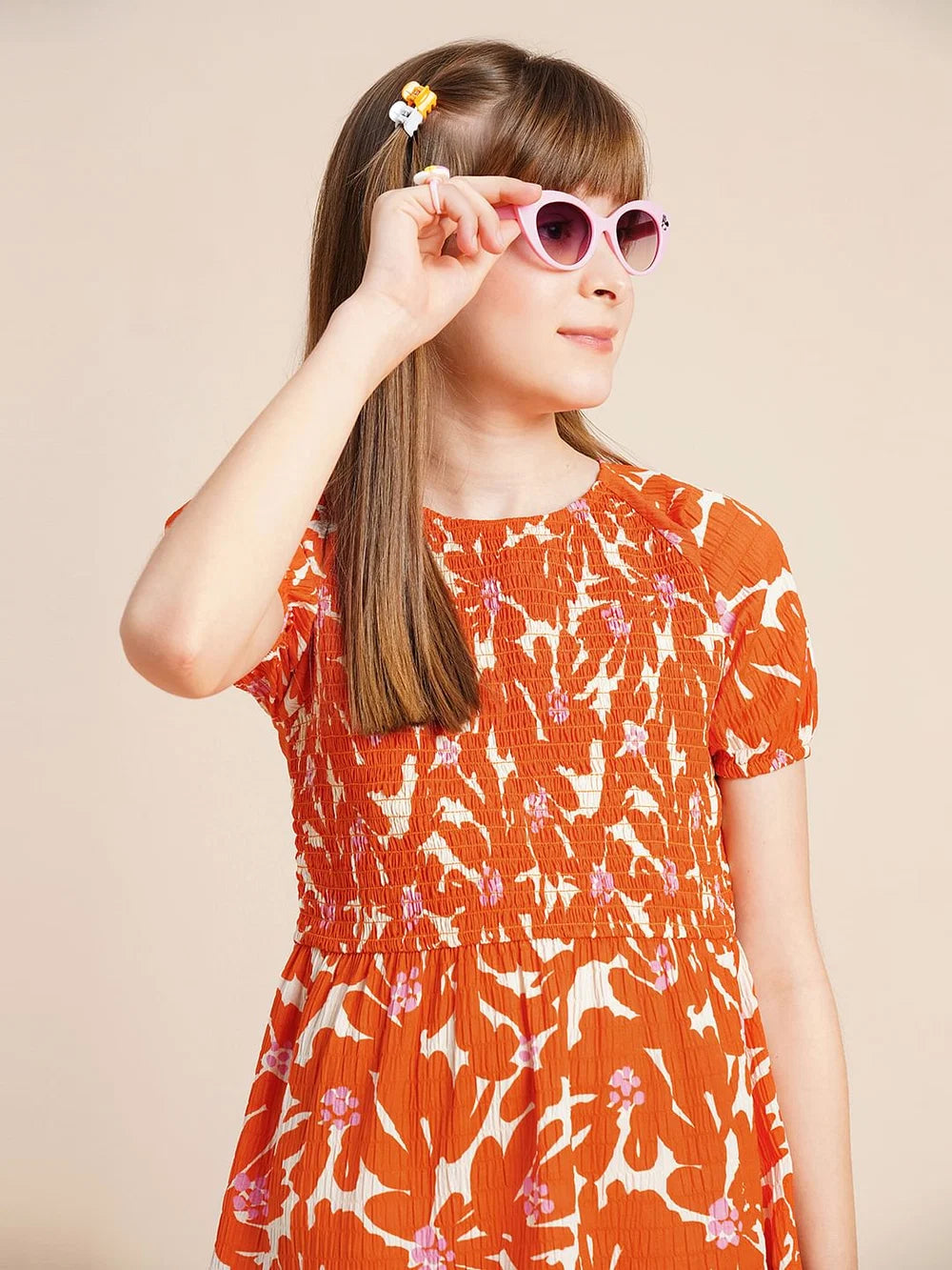 GIRLS ORANGE PRINTED FLARED DRESS